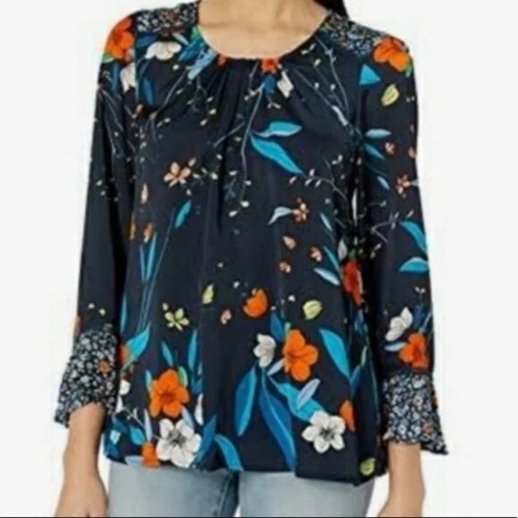 Nanette Lepore Tops - Nanette Lepore Navy Floral Blouse Mixed Print Bell Sleeves Boho Womens Sz L